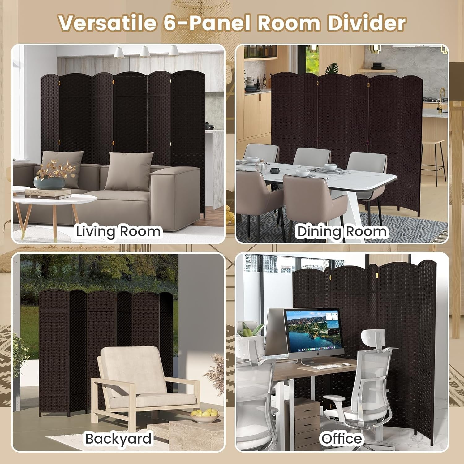 6 Panel Brown Wicker Folding Room Divider Privacy Screen 240x170cm