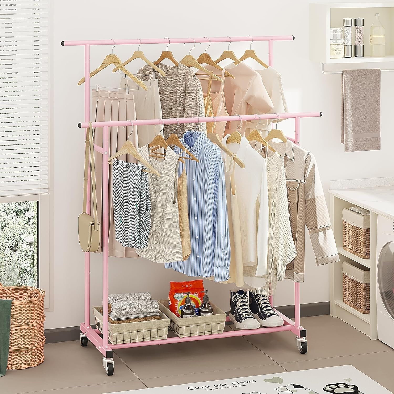 Pink Double Rod Clothes Rack with Wheels & Storage Shelf