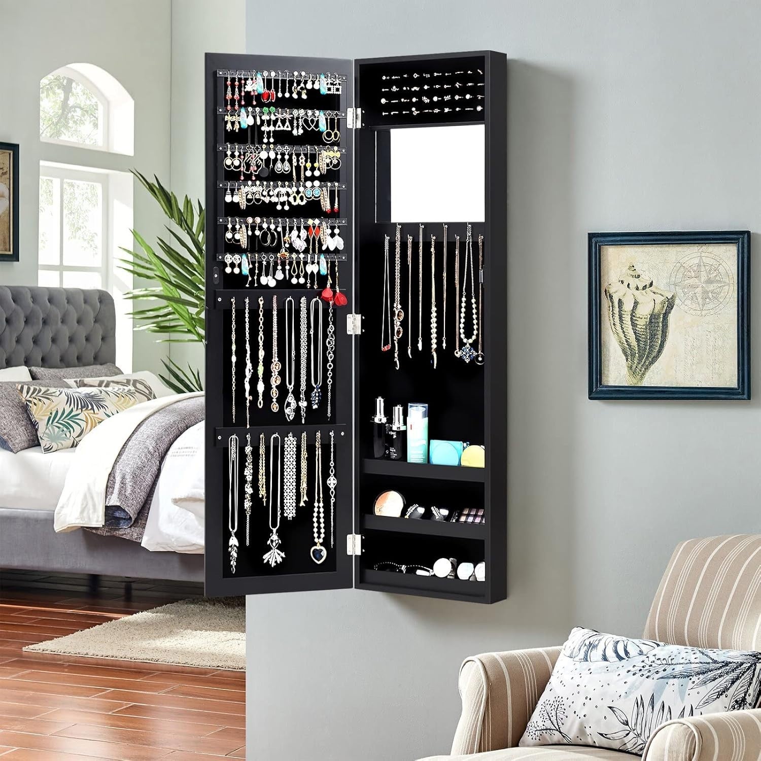 Wall Mounted Jewelry Cabinet Full Length Mirror Door Hanging Organizer
