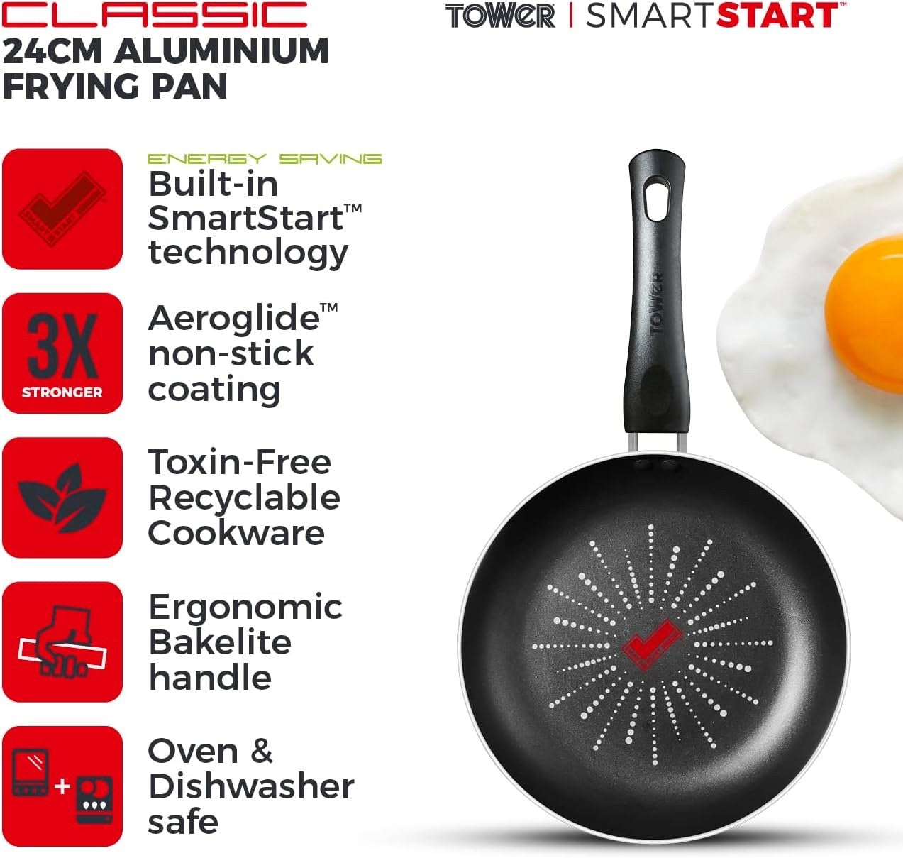 24cm Black Smart Start Non-Stick Frying Pan, Easy Clean, Oven Safe, PFOA-Free