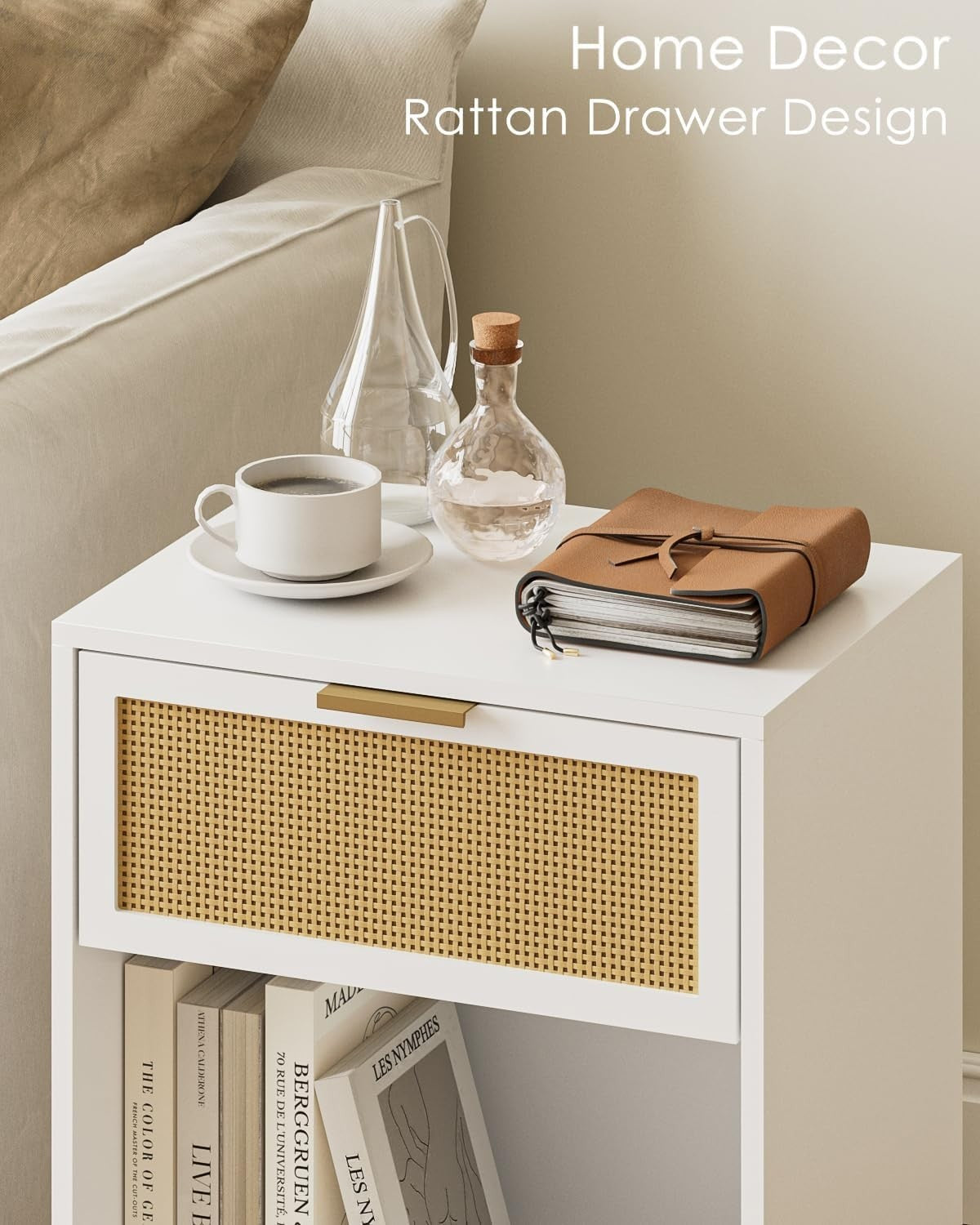 Modern White Rattan Bedside Table with Drawer & Shelf – Gold Metal Legs