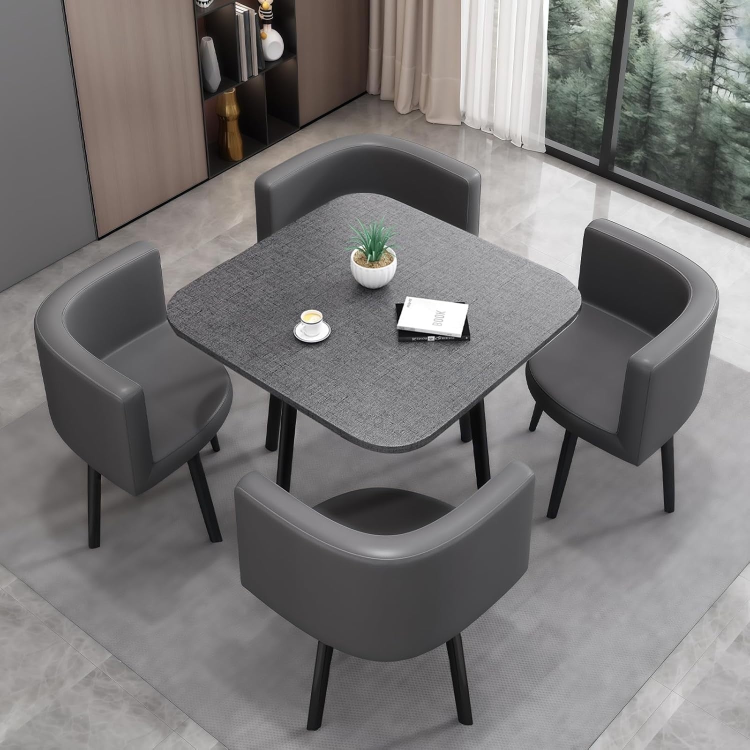 Modern Grey 35.4" Square Dining Table Set w/ 4 Chairs – Space-Saving Faux Marble