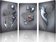 Framed Love Heart Couple Wall Art Set of 3 Grey Canvas