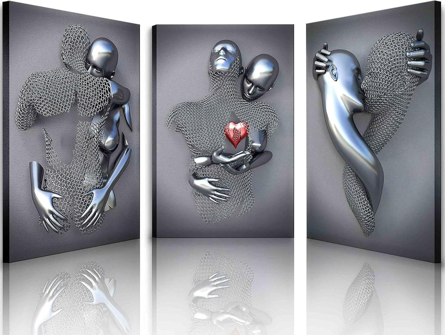 Framed Love Heart Couple Wall Art Set of 3 Grey Canvas