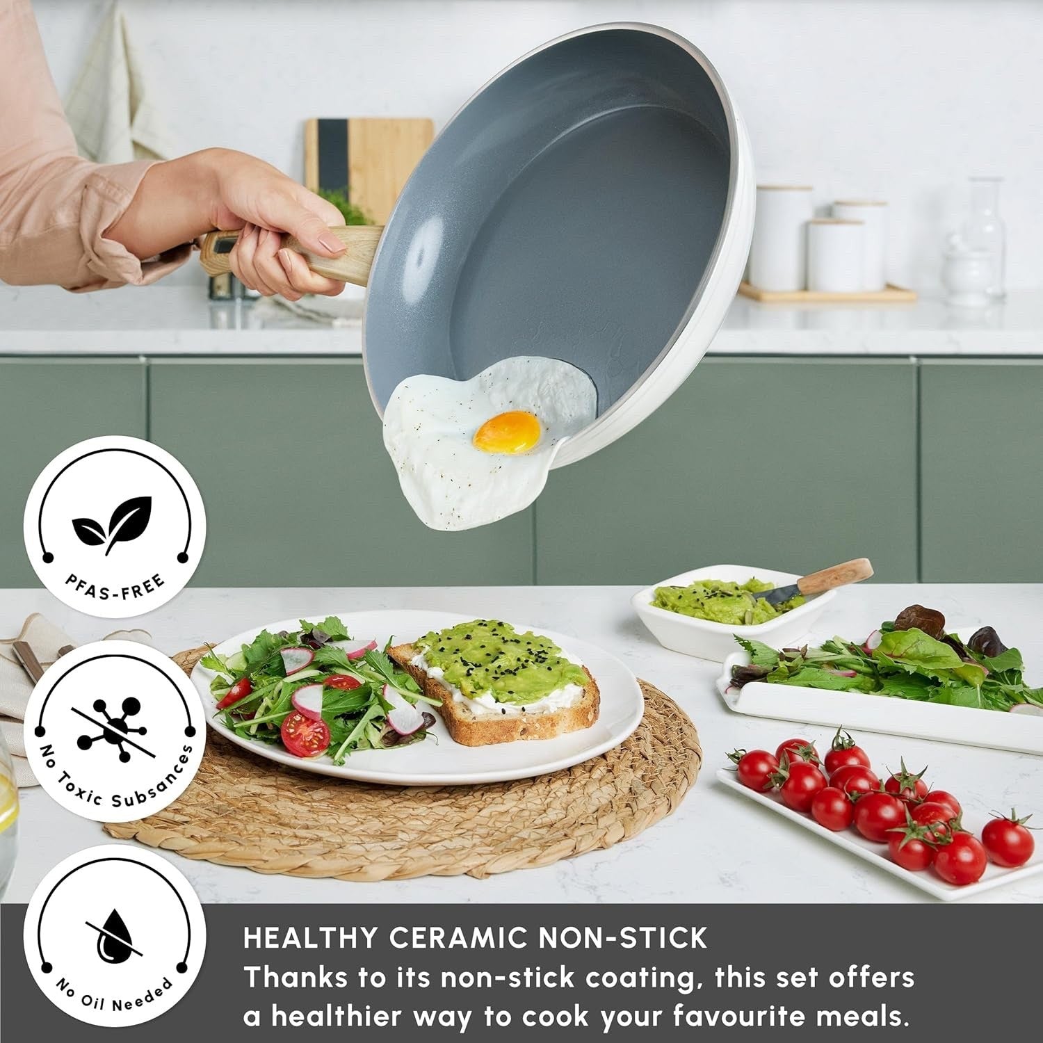 15Pcs Cream Ceramic Non-Stick Cookware Set with Lids & Utensils, PFAS-Free