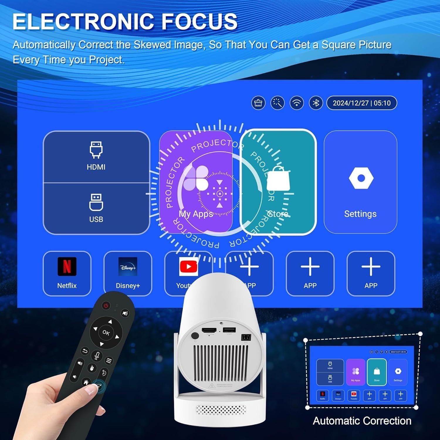 Android WiFi 6 Mini Projector 4K Support Motorized Focus 180° Portable