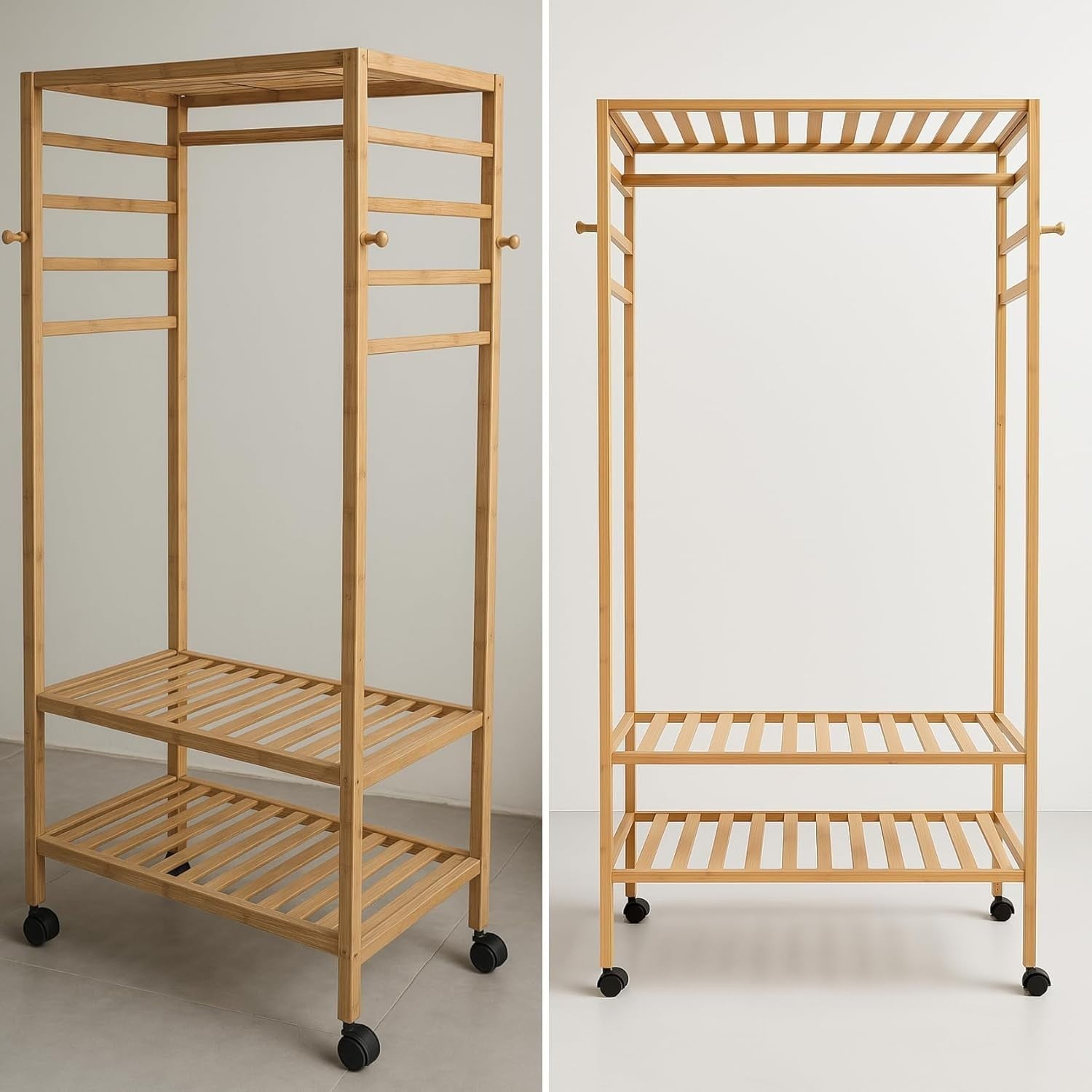Bamboo Clothes Rack with Wheels & Shelves – Natural