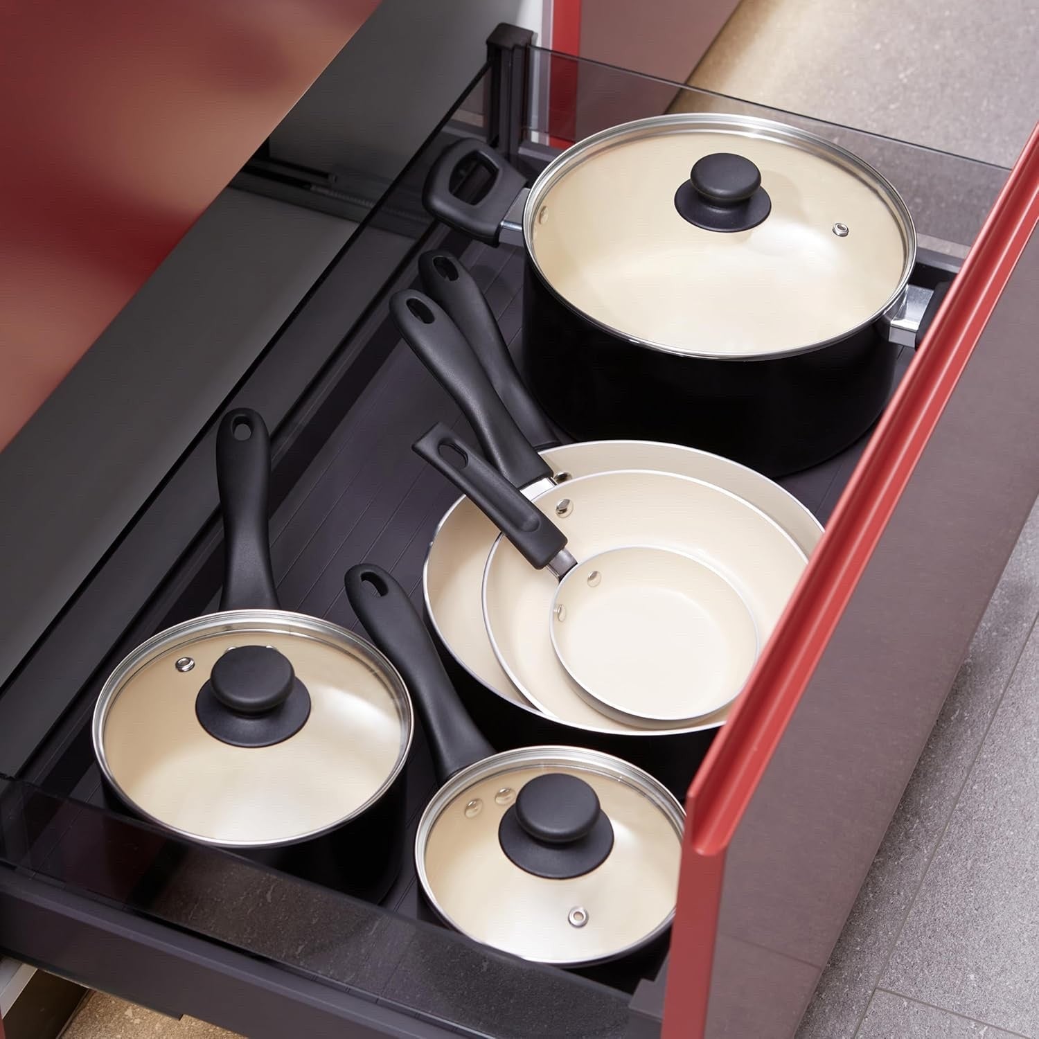 11pcs Ceramic Non Stick Cookware Set Black Cream PFOA Free Pots & Pans Kitchen