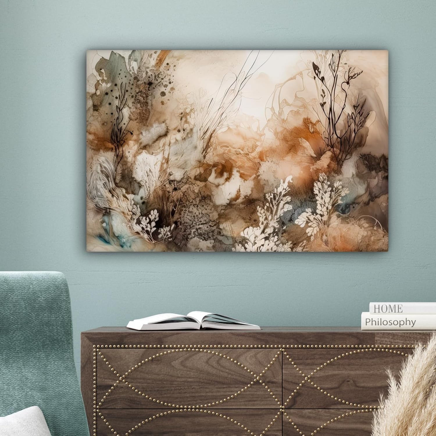 Abstract Floral Canvas Wall Art 60x40cm Framed Beige Nature