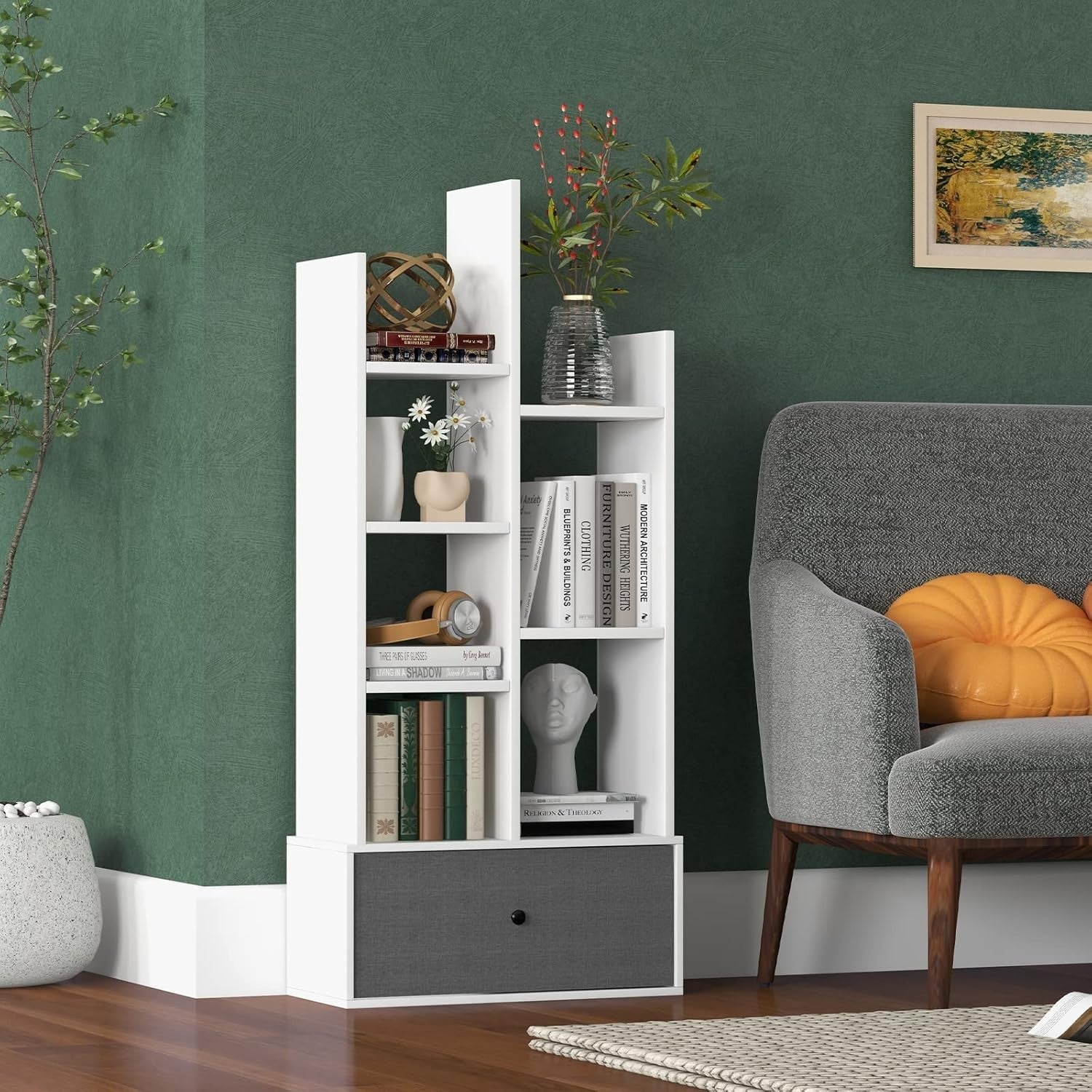 7-Tier White Wooden Bookshelf with Folding Drawer, Space-Saving Storage