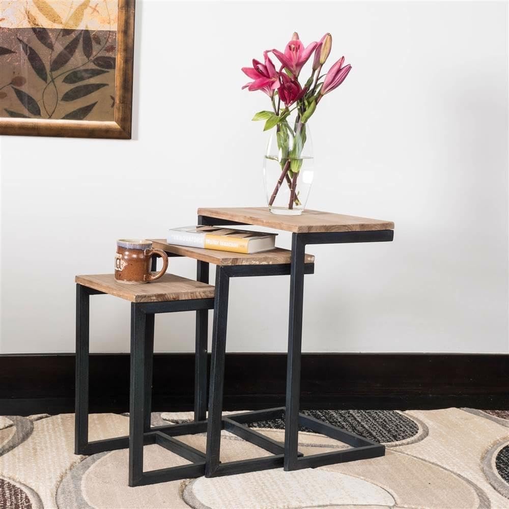 3pc Rustic Industrial Nesting End Side Tables Stackable Wood Tops Metal Frames