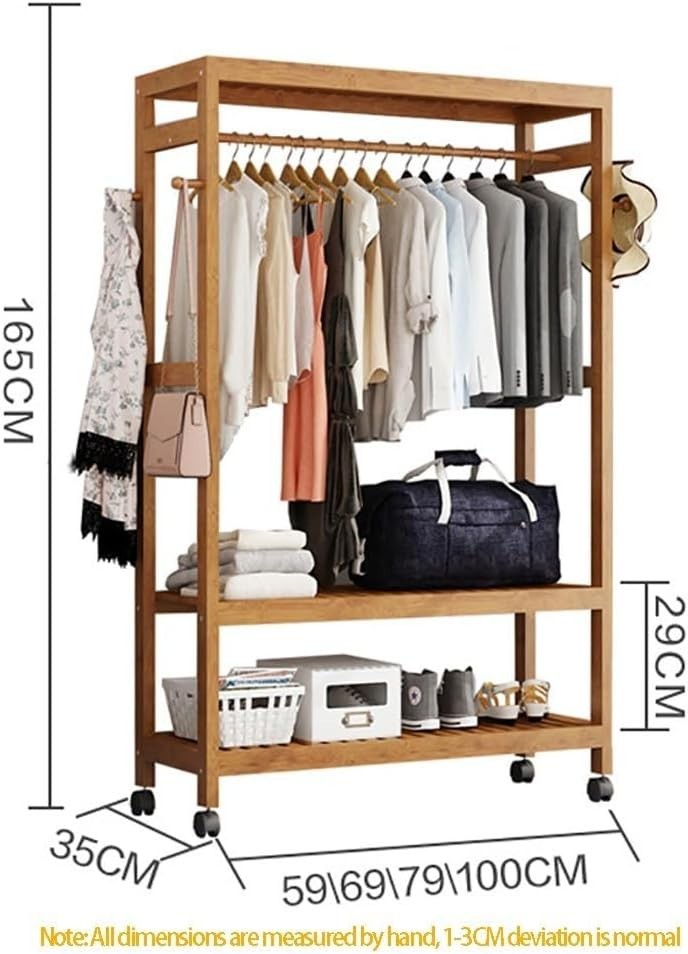 Bamboo Clothes Rack Rolling Garment Rail with Shelves & Wheels