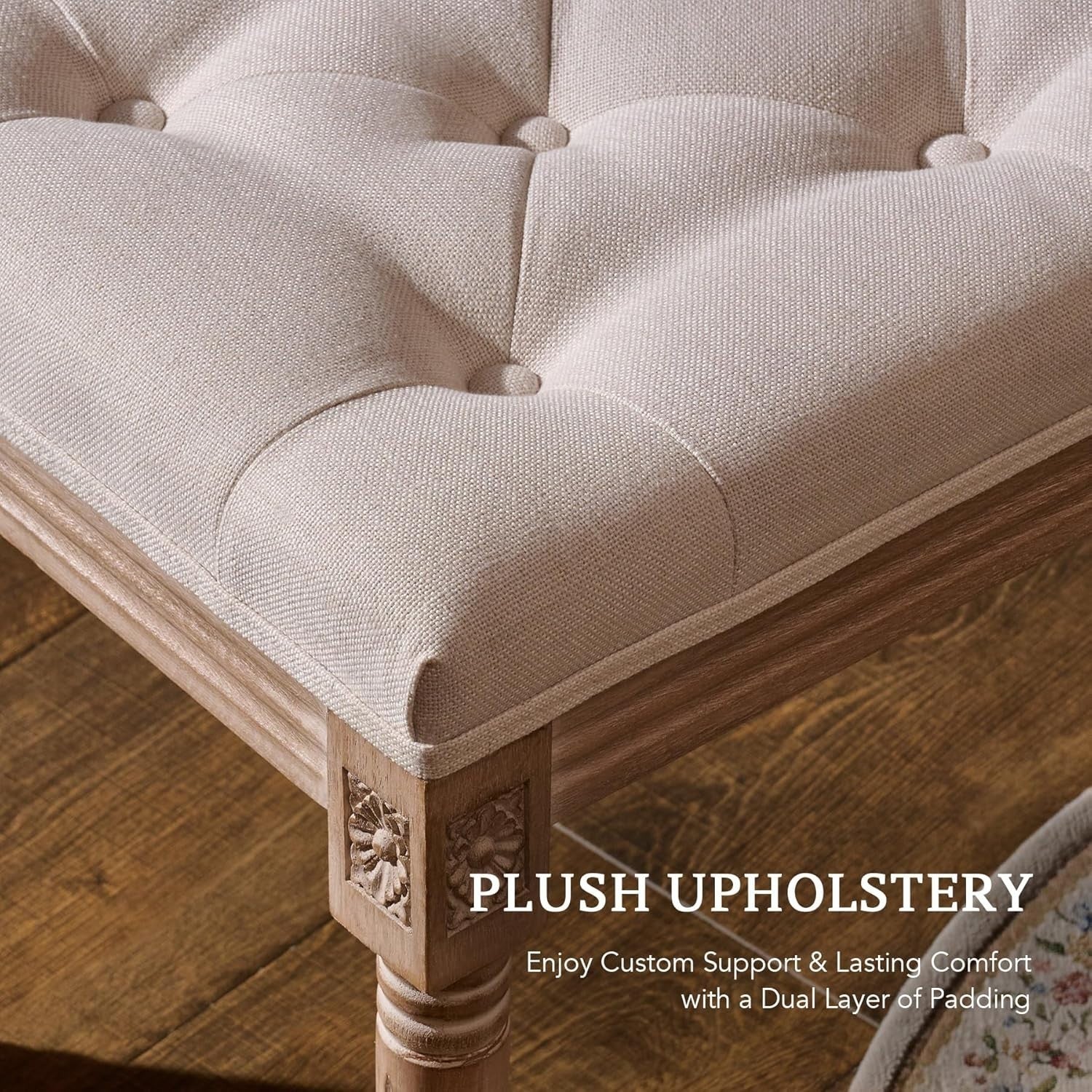 Beige French Vintage Ottoman Stool – Padded Tufted Seat 47cm High