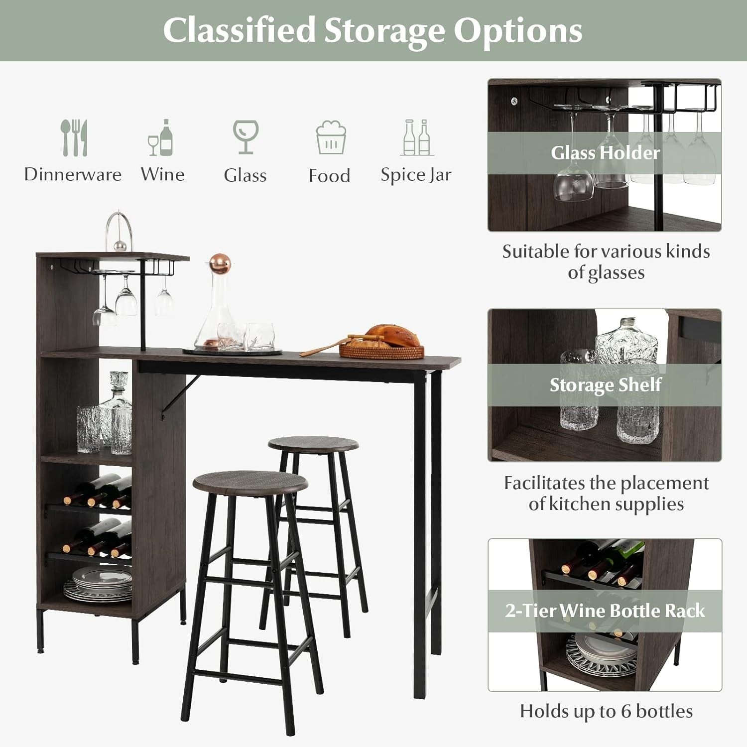 Brown 3-Piece Industrial Dining Bar Table Set with Shelves, Wine Rack & 2 Stools