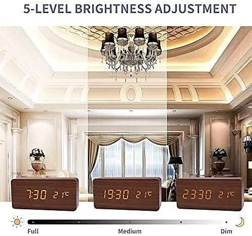 Wooden LED Digital Alarm Clock Silent Bedside Snooze Temperature