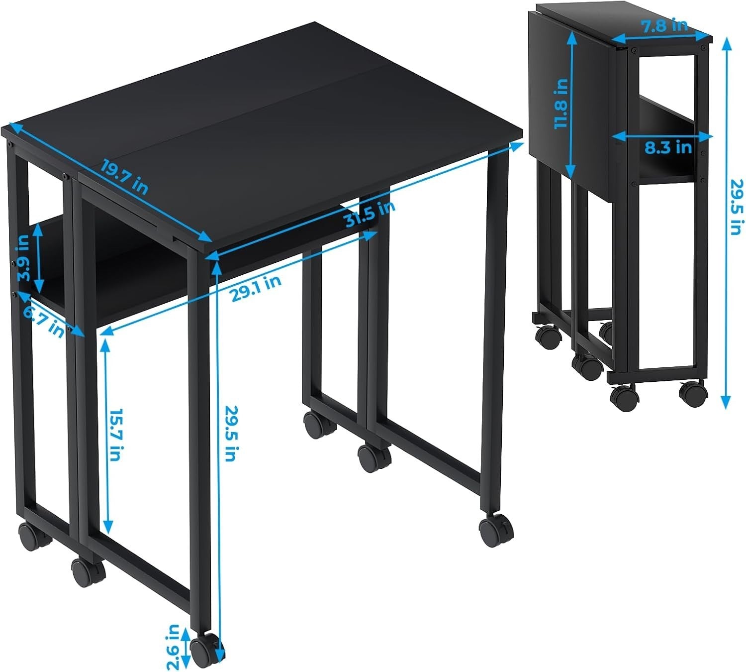 Folding Desk with Shelf & Wheels 80cm Portable Black Computer Table