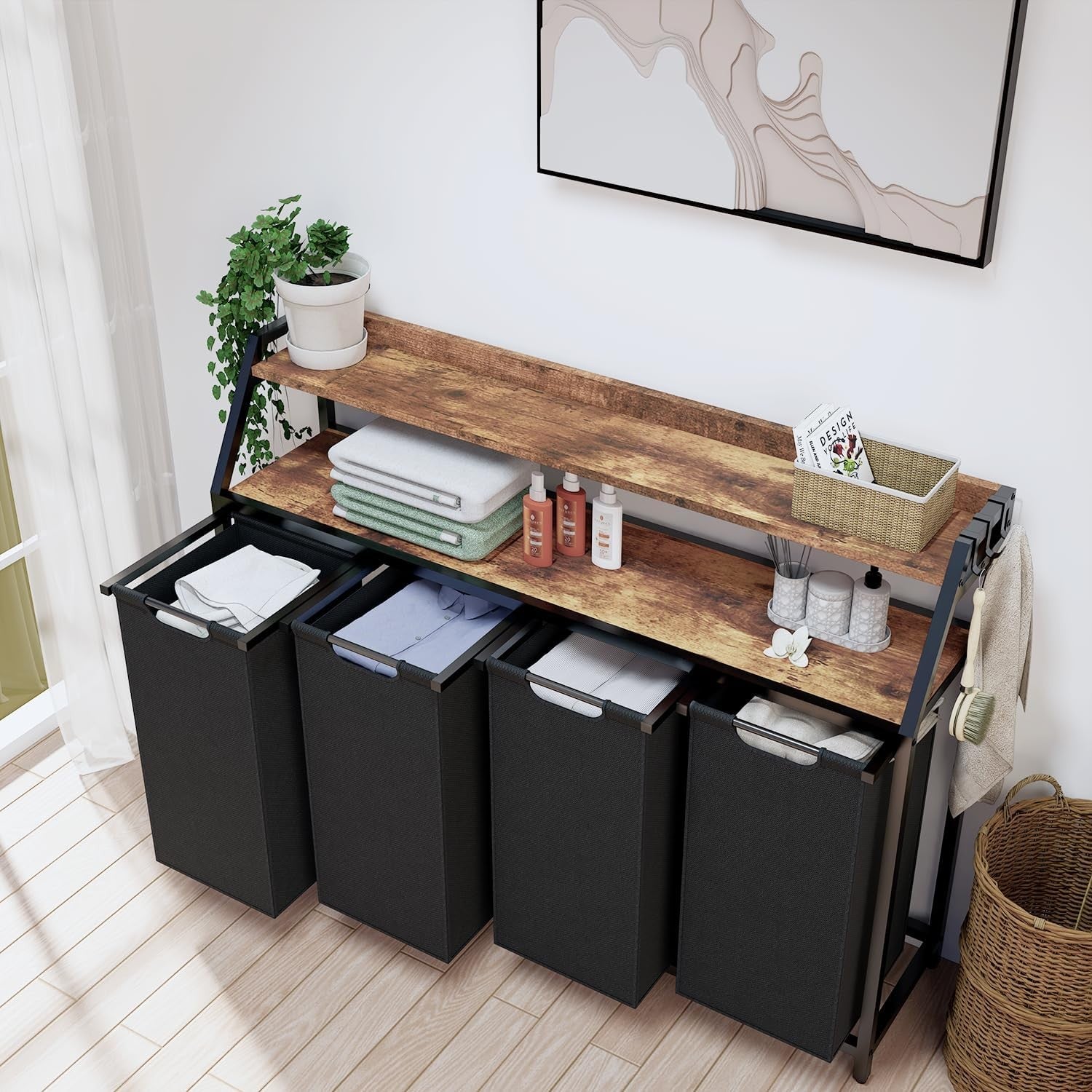 4-Section Laundry Sorter with Wheels Shelves Rustic Wood Top Large Rolling