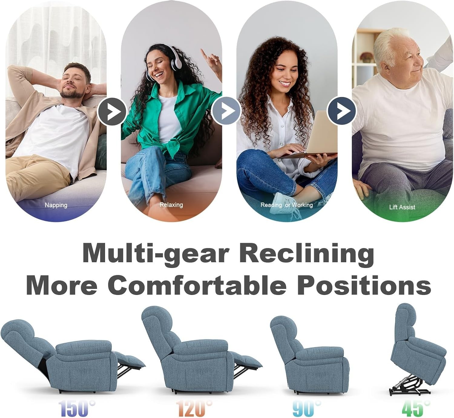 Power Lift Recliner Chair Oversized Massage Heat USB Type-C Footrest Blue