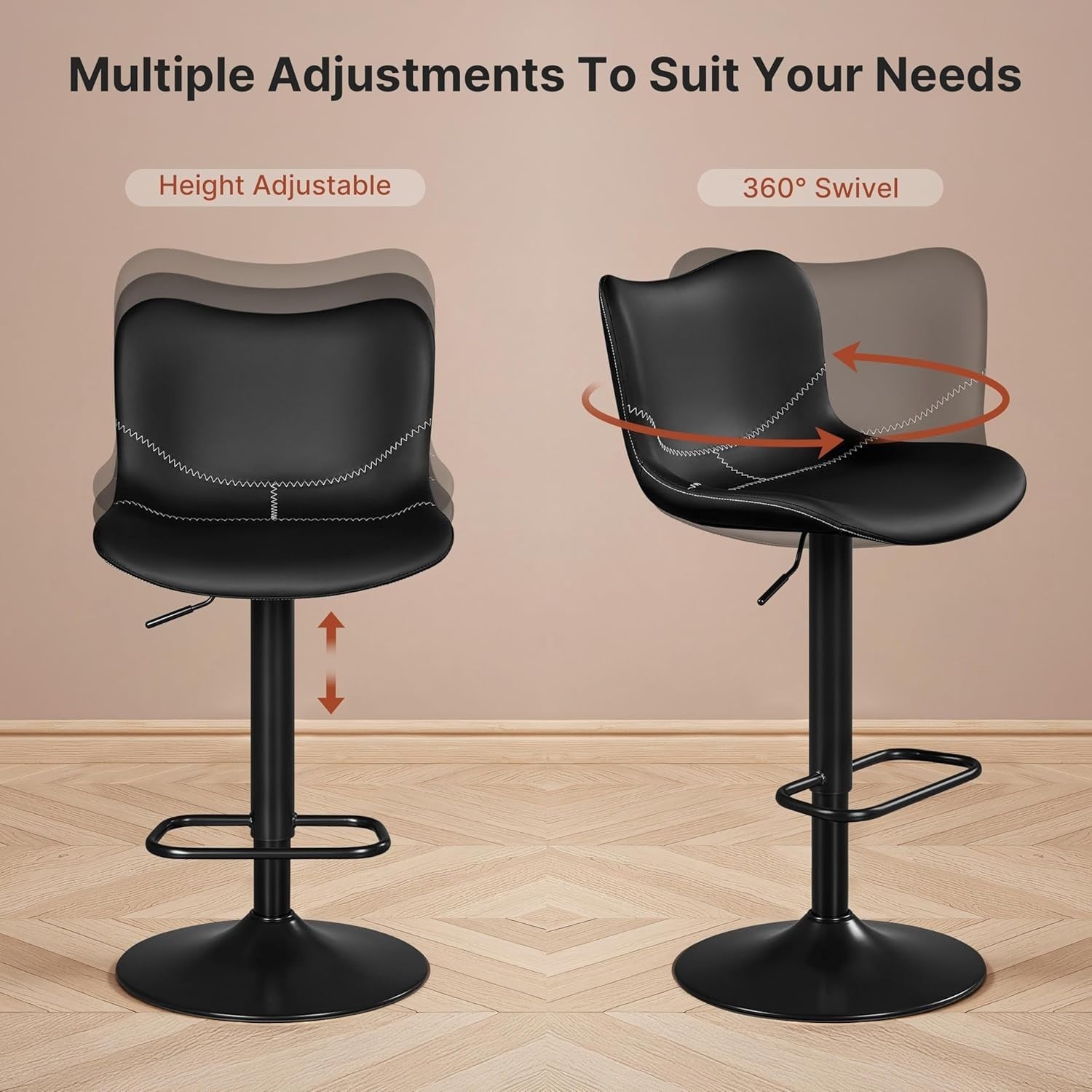Adjustable Swivel Bar Stools Set of 2 PU Leather Counter Height Black
