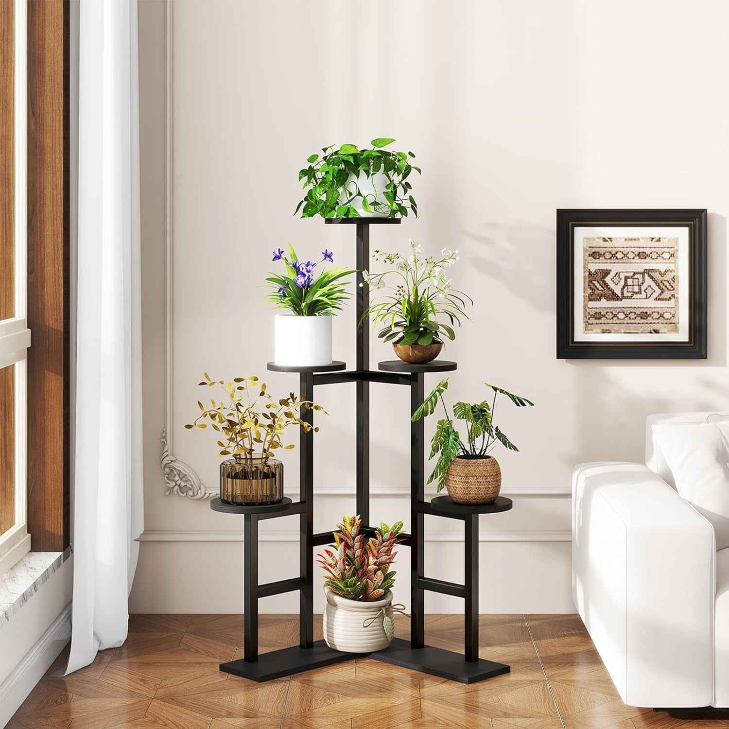 6 Tier Black Metal Wood Plant Stand | Tall Indoor Corner Flower Pot Display Shel