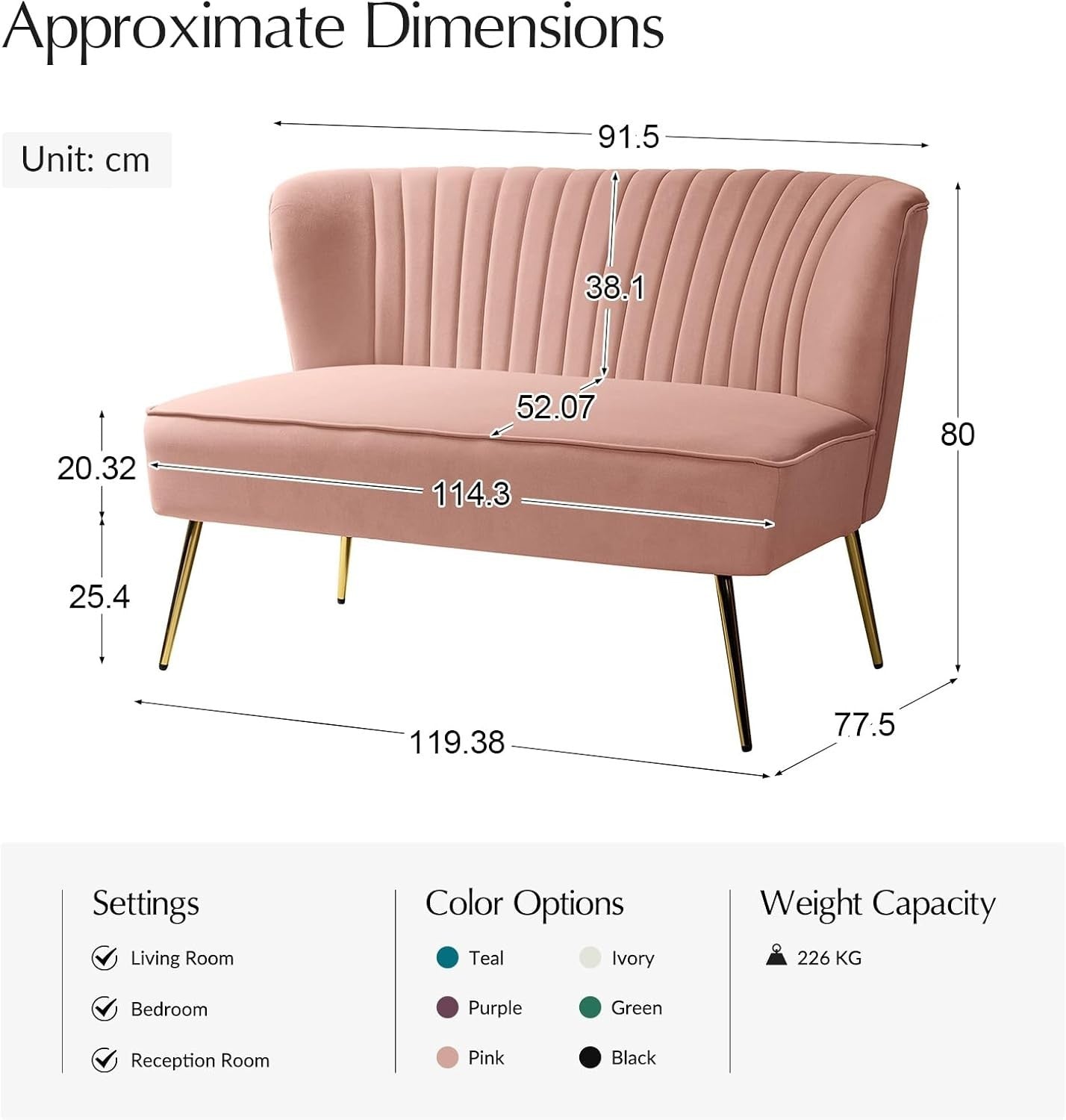 Pink Velvet 2 Seater Sofa Armless Loveseat Gold Legs for Lounge or Flat