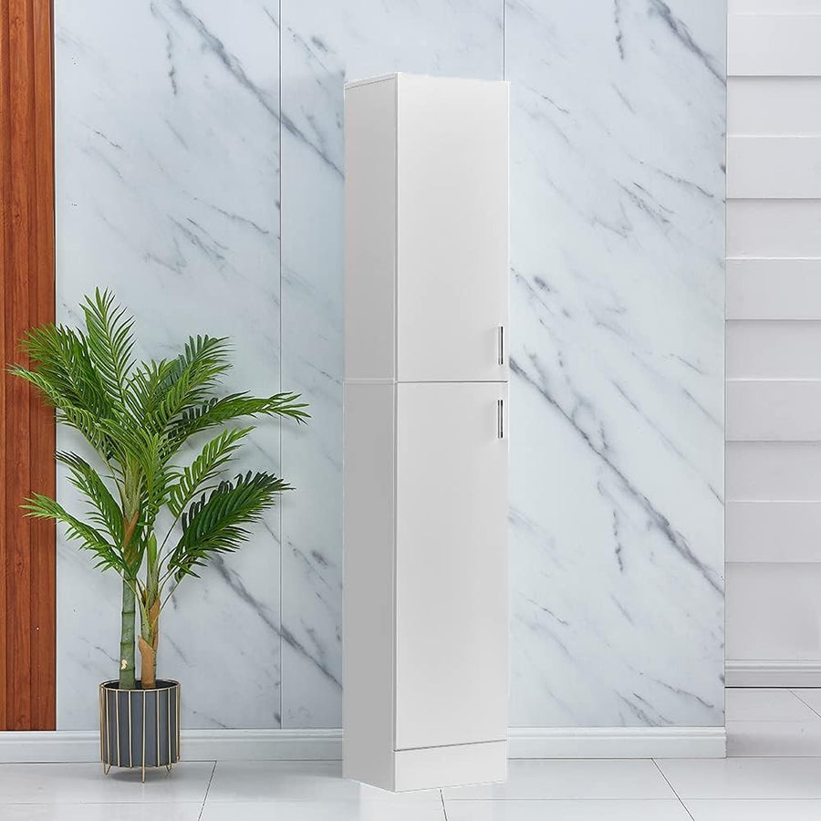 White Tall Slim Cupboard High Gloss Storage Cabinet 2 Door 4 Shelf Unit