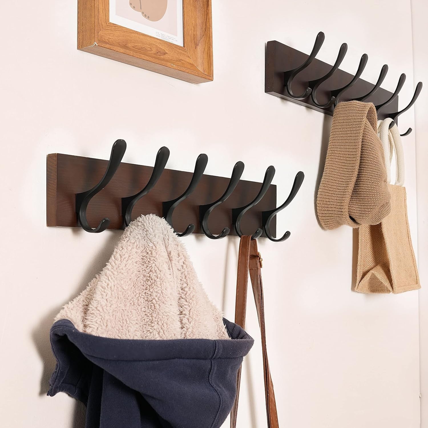 Wooden Wall Coat Rack Set | 2x 6 Hook Hanger Racks Brown & Black Finish