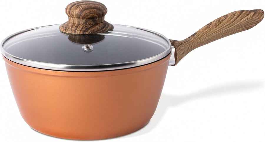 18cm Non-Stick Copper Saucepan with Glass Lid Induction & Gas Ready