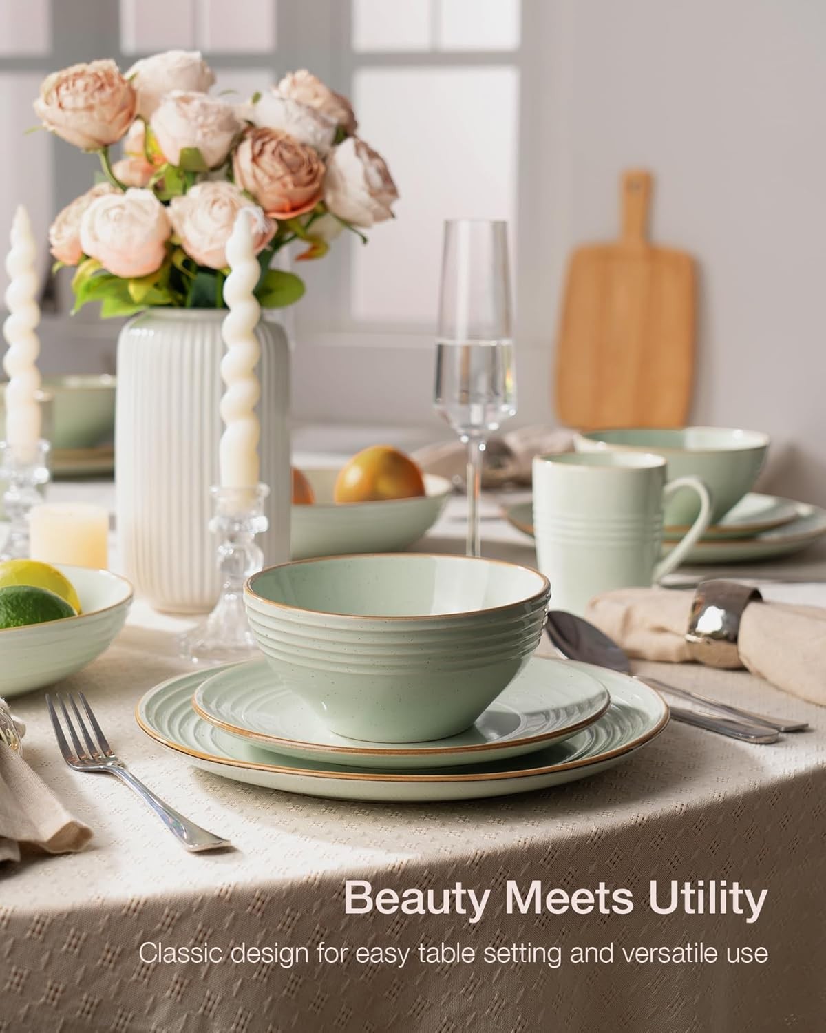 12pc Stoneware Dinner Set Light Green Gold Rim Plates Bowls Dishwasher Safe