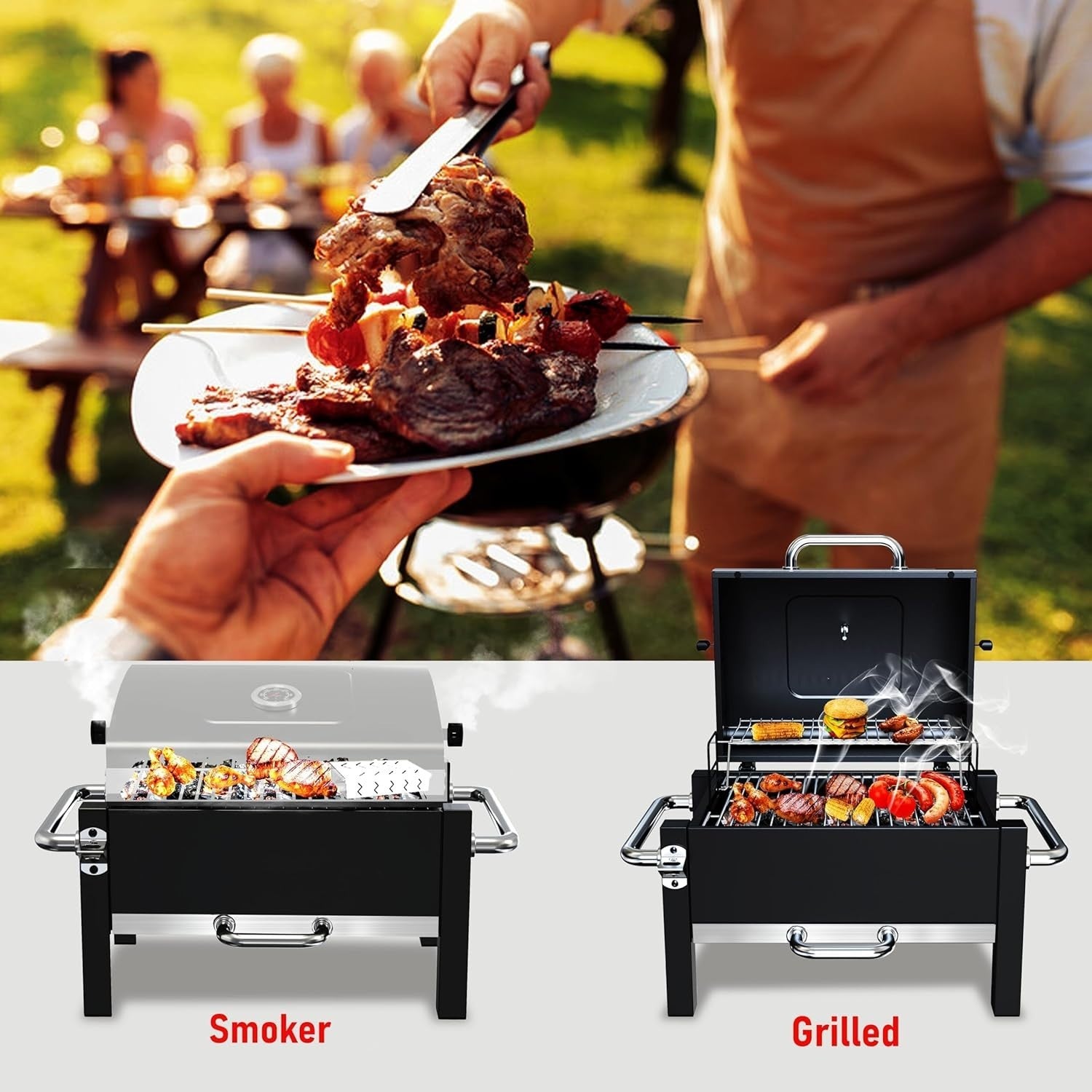 Portable Charcoal BBQ Grill with Warming Rack & Thermometer | Foldable Tabletop