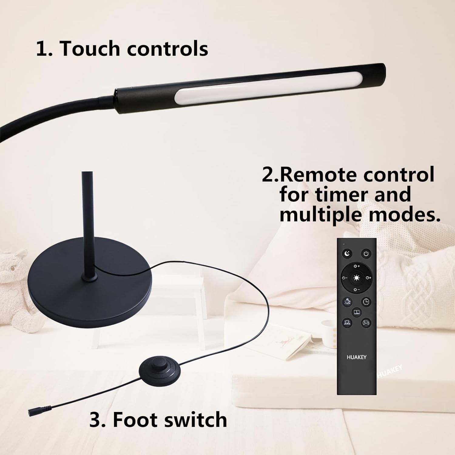 LED Floor Lamp Dimmable Adjustable Reading Light Remote Touch Timer Black