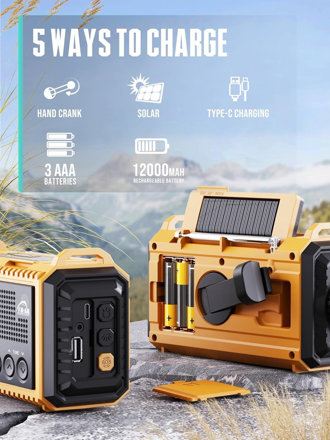 Emergency Radio AM/FM/SW Solar Hand Crank 12000mAh Waterproof Torch