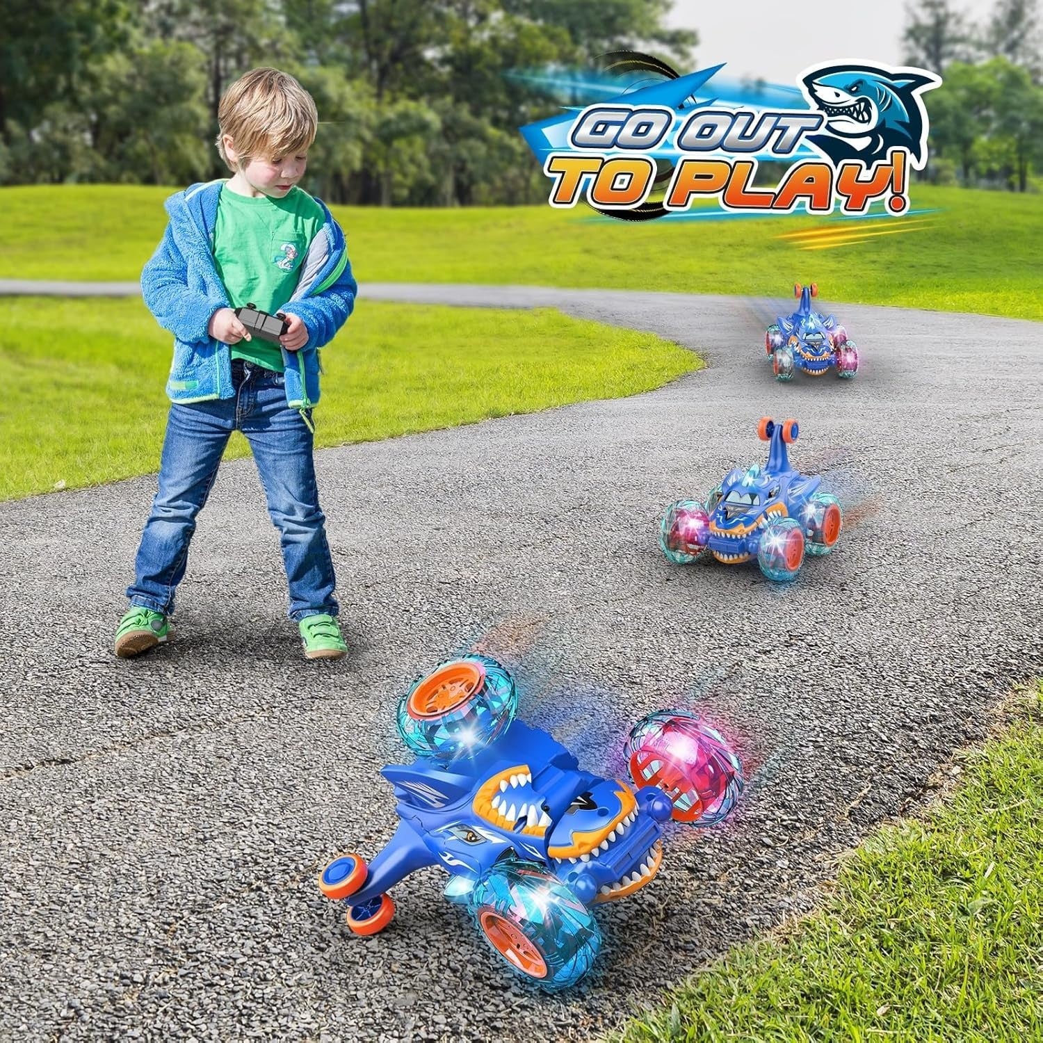 RC Shark Car for Kids 3-8, 360° Flip LED Light Remote Control Stunt Toy Gift