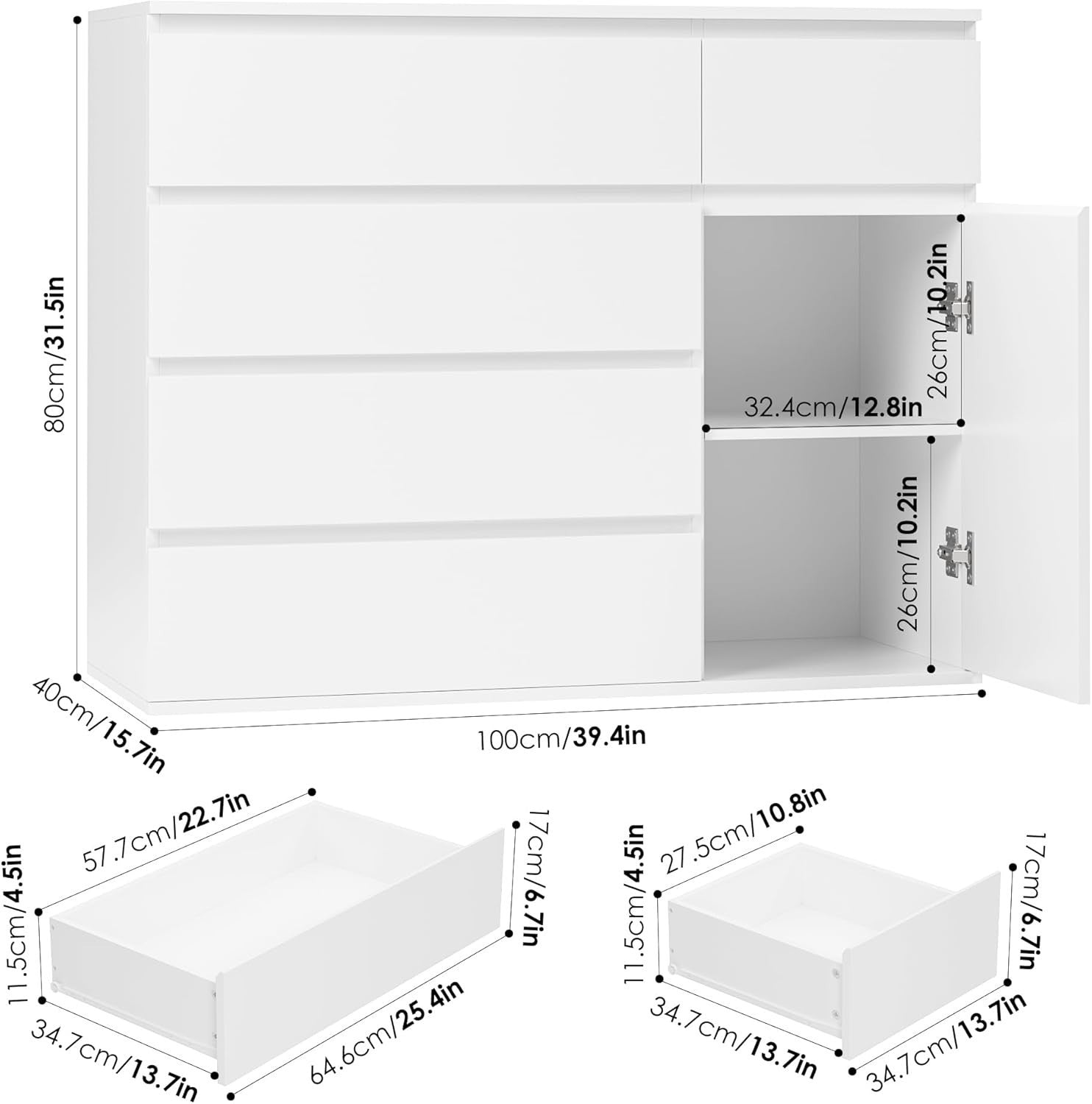 White 5 Drawer Chest of Drawers Storage Cabinet Large Sideboard Bedroom
