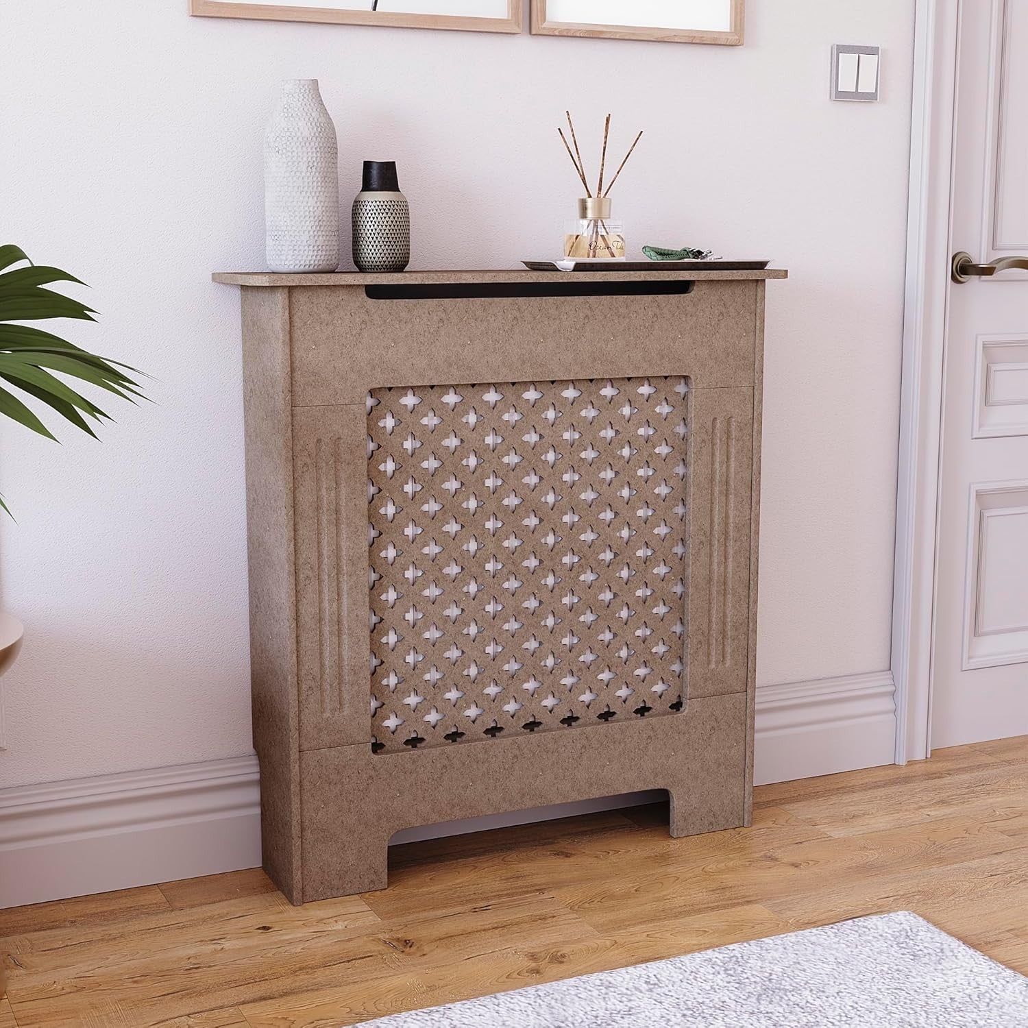 Small Radiator Cover | Unfinished MDF Cross Pattern Cabinet