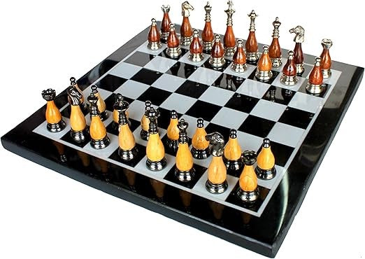 Luxury 15" Black Marble Chess Set – Inlaid Board + Brass & Wooden Handcrafted