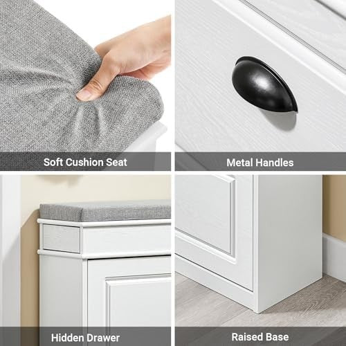 Compact Hallway Shoe Bench with Flip-Drawer Storage and Cushioned Seat White