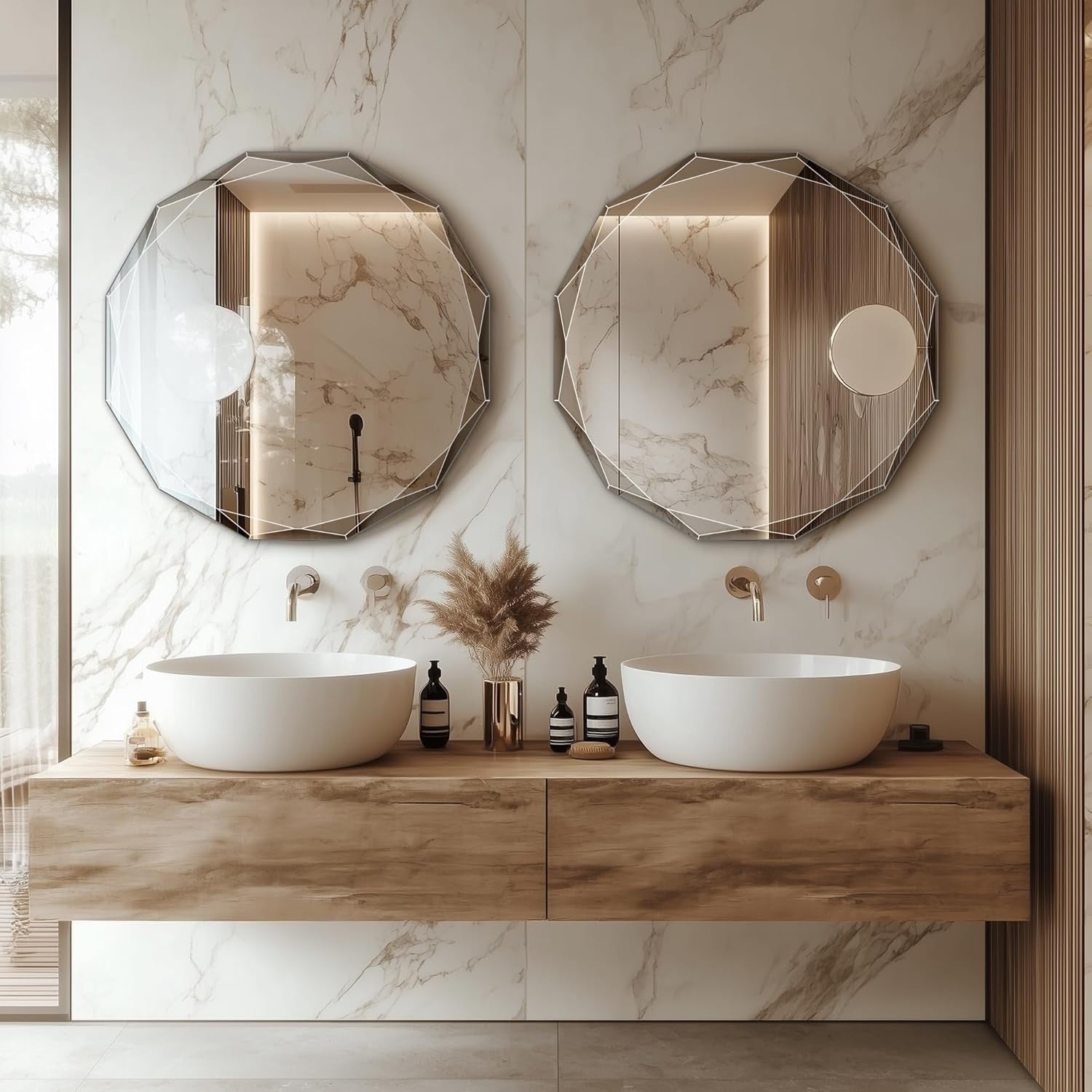 Round Beveled Bathroom Mirror 61x61 cm Frameless Vanity Wall Decor