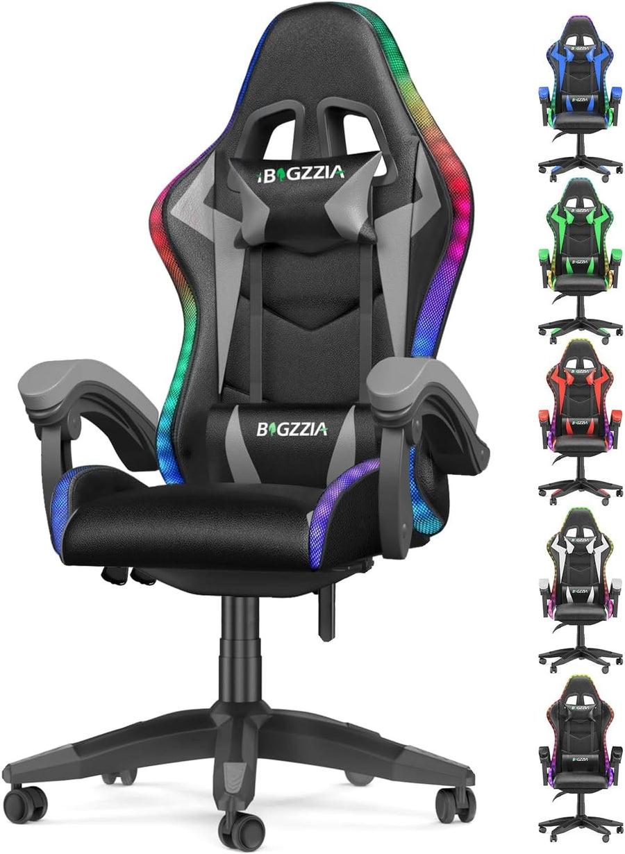 RGB Gaming Chair Recliner PU Leather w/ Lumbar & Headrest