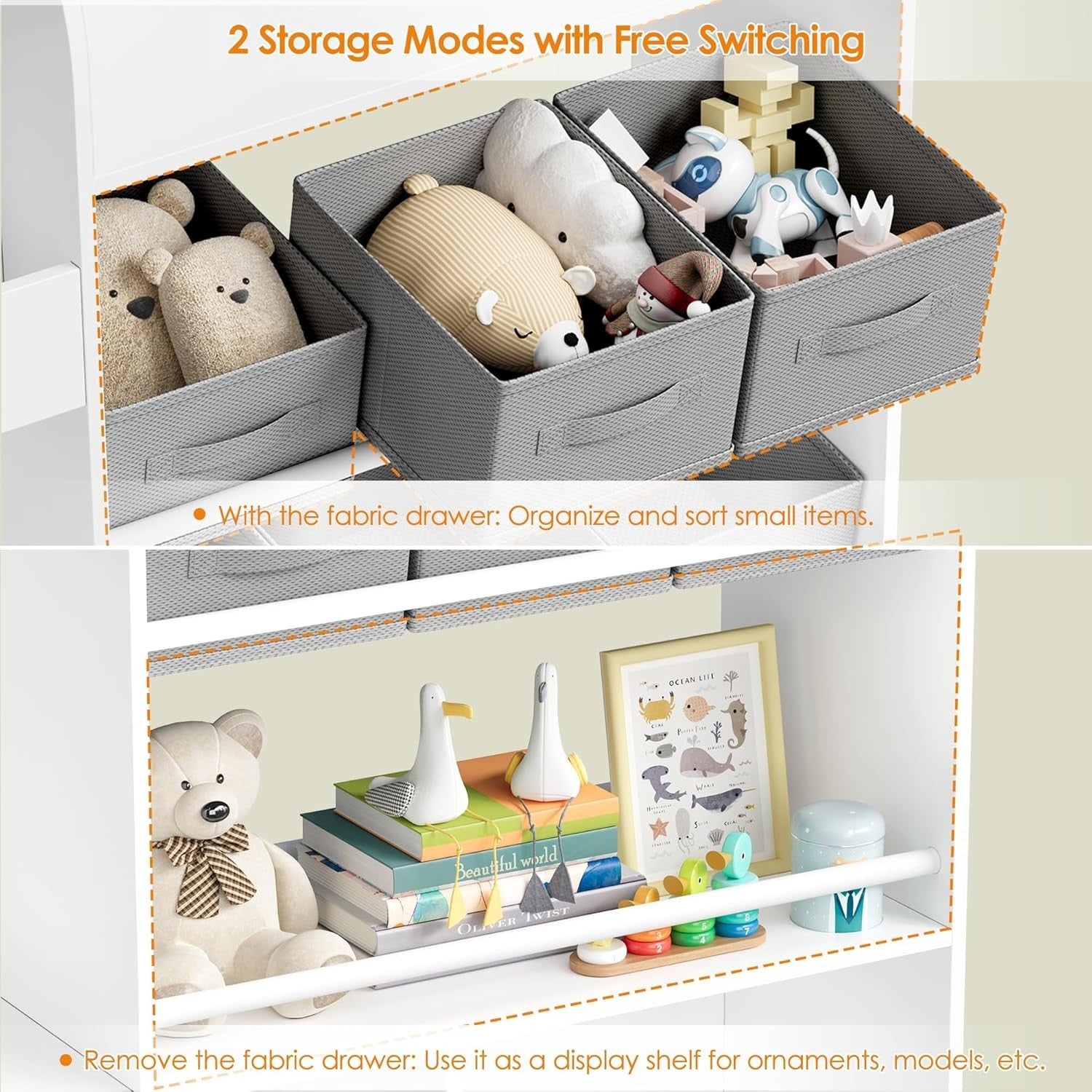 Kids Toy Storage Unit Bookcase Organizer w/ Bins Drawers Wheels Nursery White