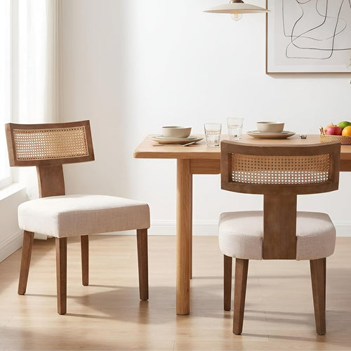 Natural Rattan Dining Chairs Set of 2 Upholstered Wood Kitchen Chairs Retro