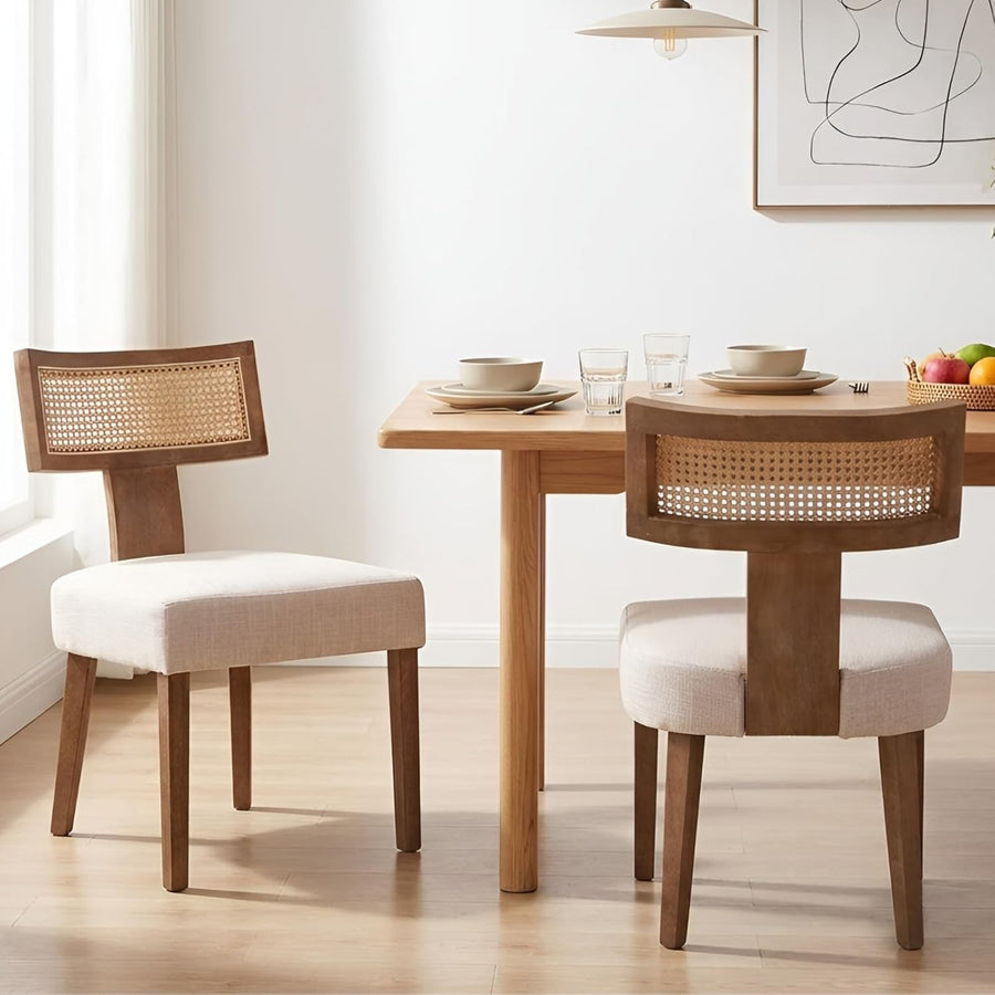 Natural Rattan Dining Chairs Set of 2 Upholstered Wood Kitchen Chairs Retro