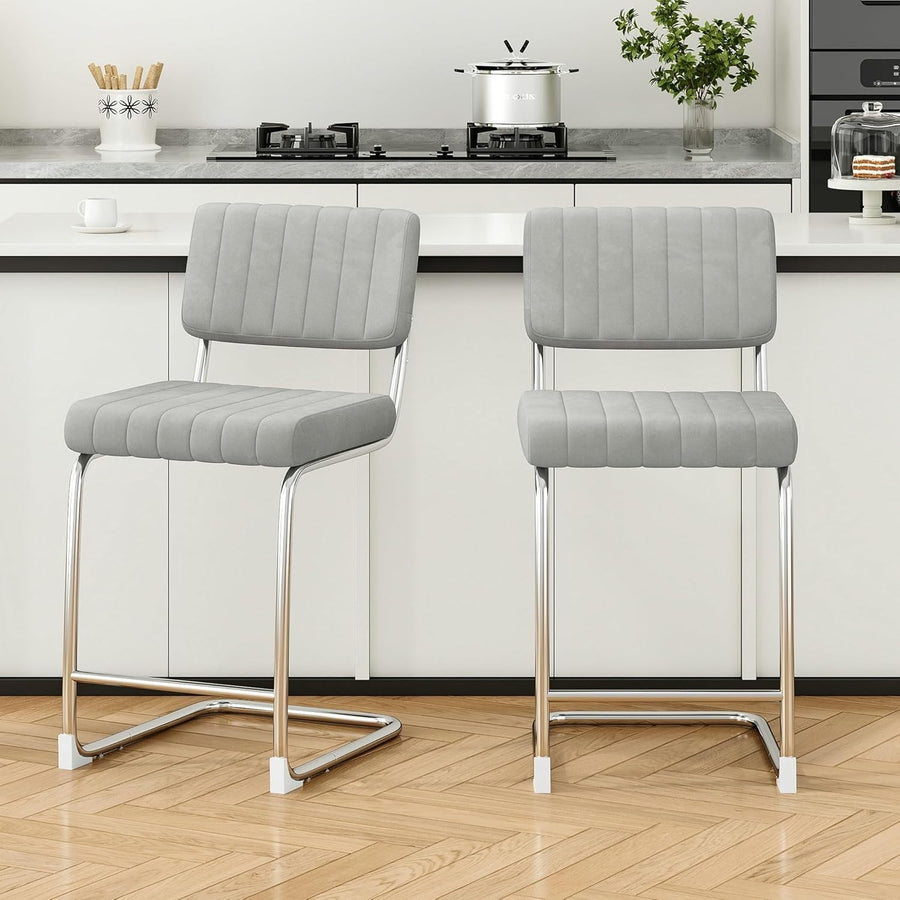 Modern Bar Stools 2pcs Grey Faux Leather 27in Counter Kitchen Chairs