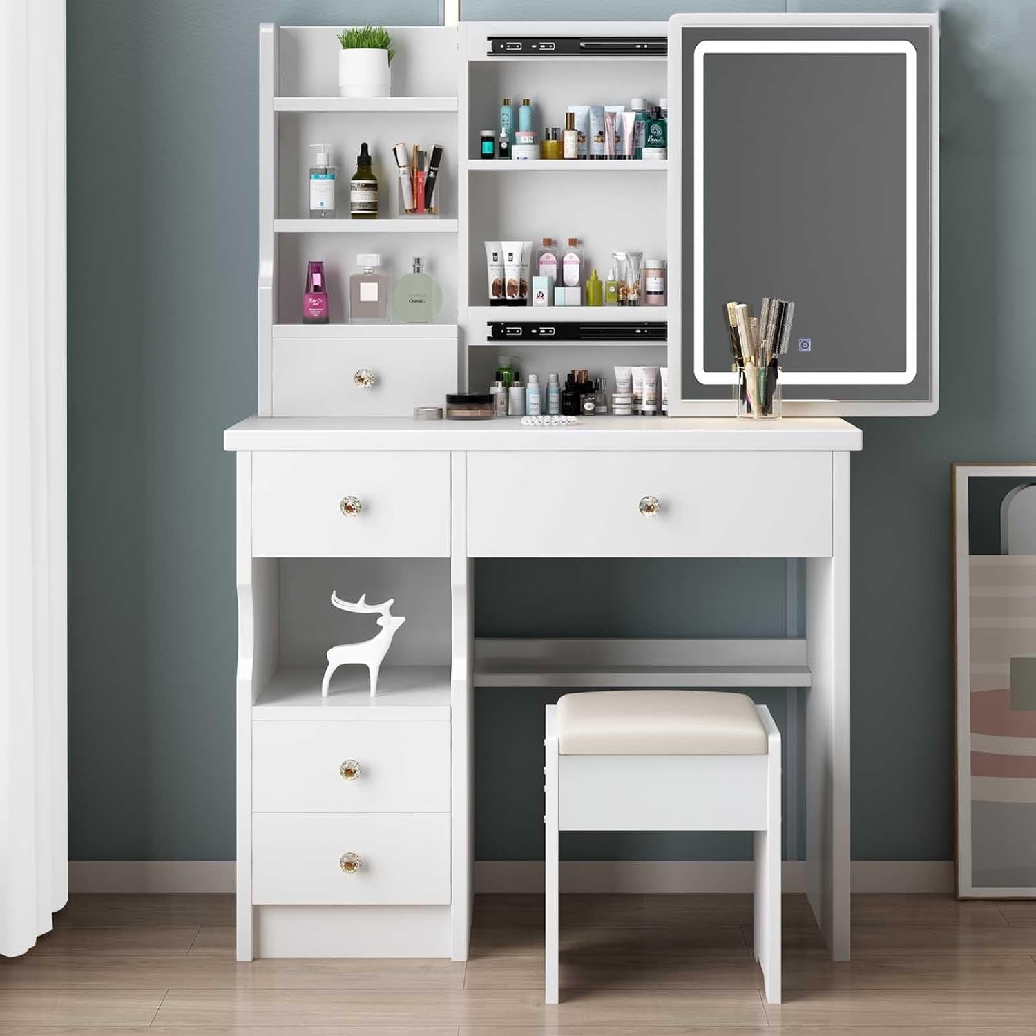 Dressing Table w/Sliding Mirror LED Lights 3 Drawers Makeup Vanity Desk White