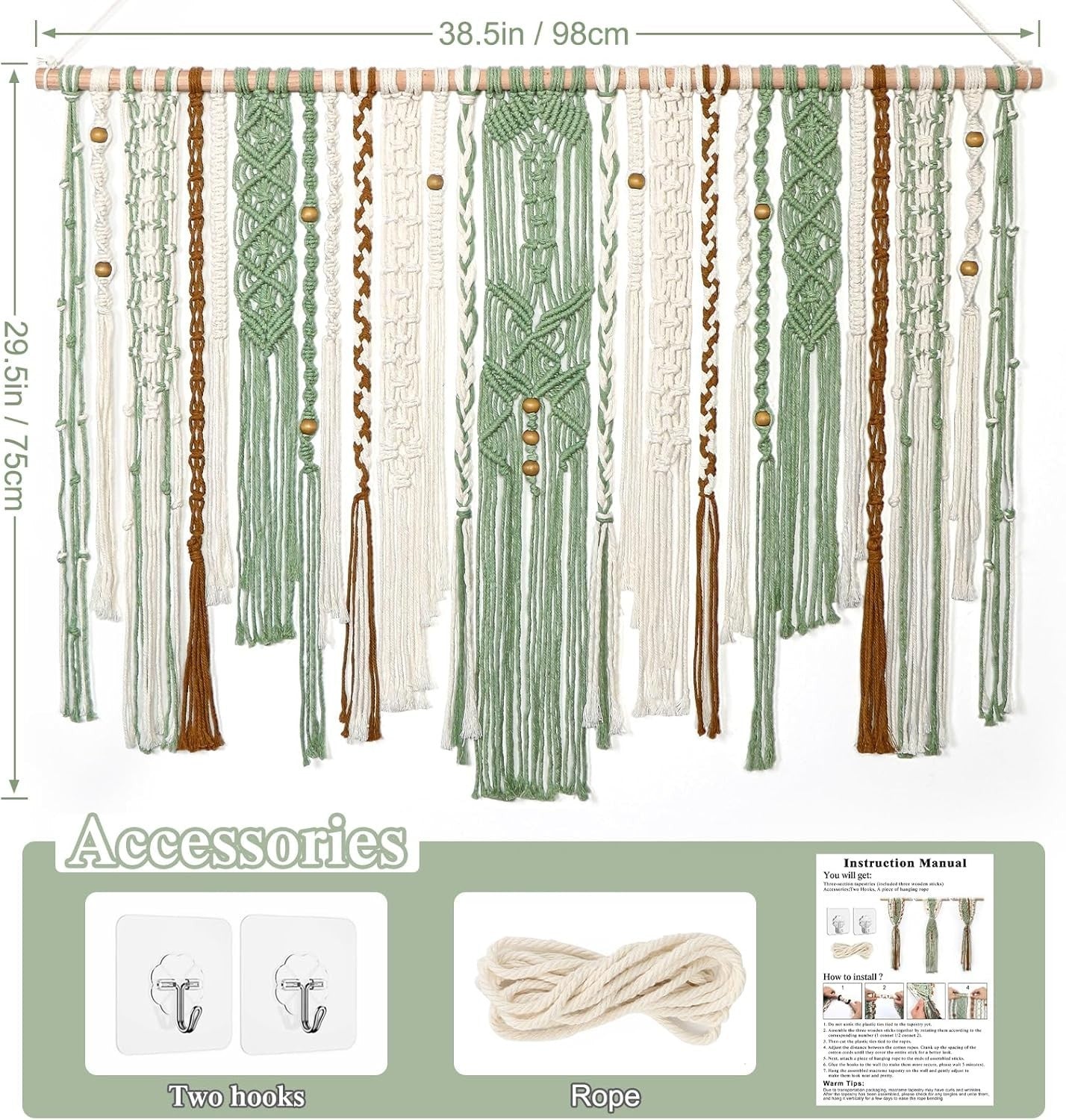 Large Green Macrame Wall Hanging 98x75cm Boho Woven Tapestry