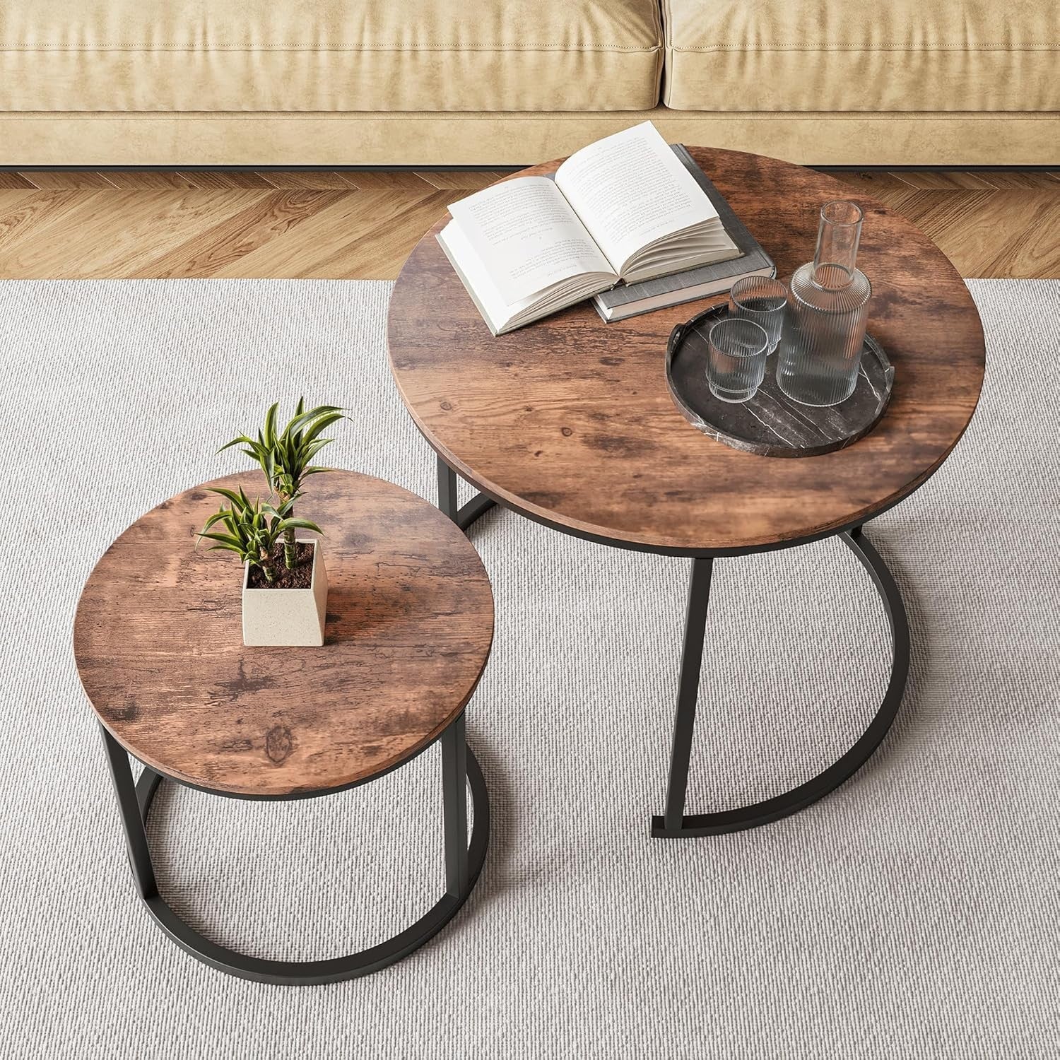 Space Saving Coffee Table Set 2 Brown Nesting Side End Tables Storage