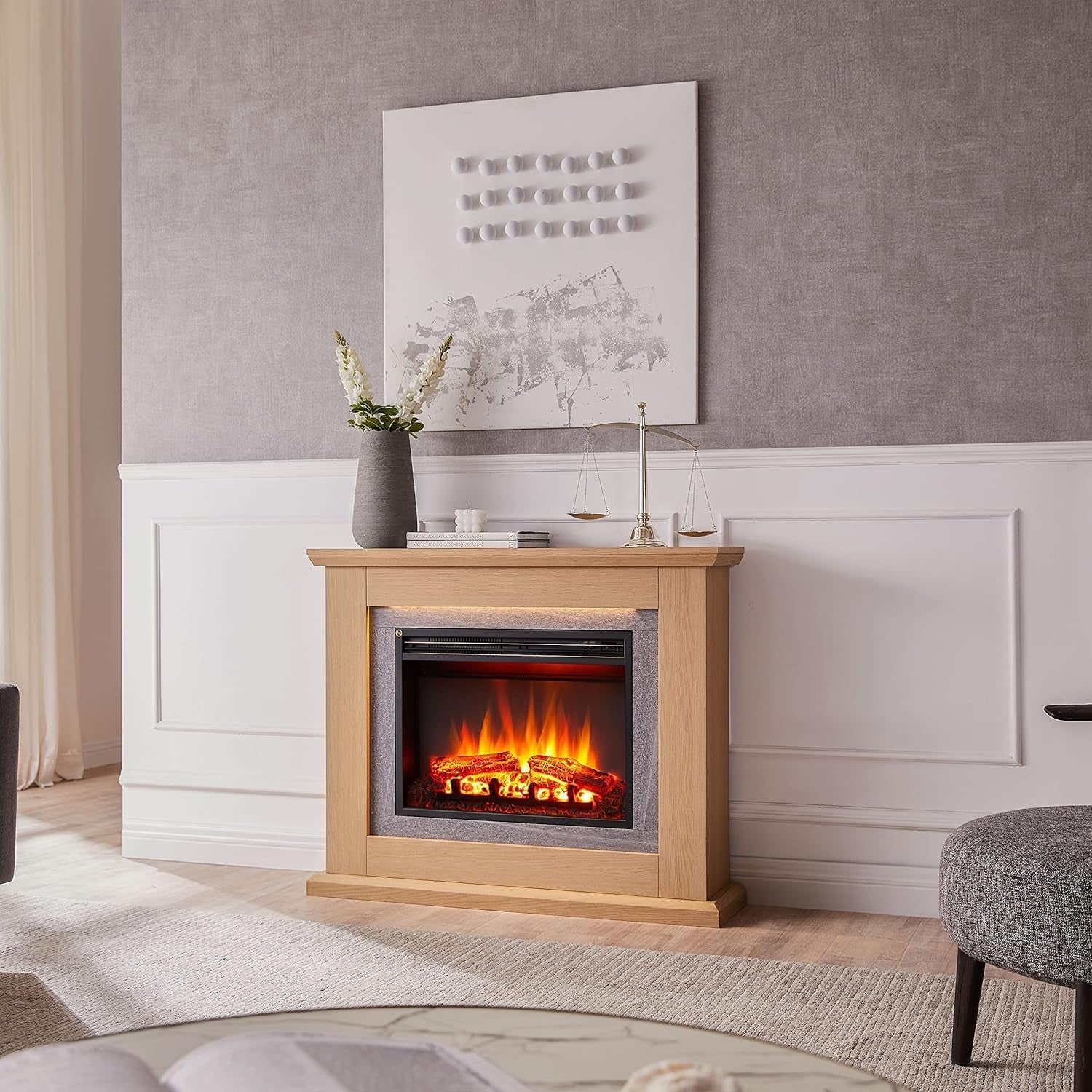 39” Oak Electric Fireplace 2kW LED Fire Heater with Remote & Timer