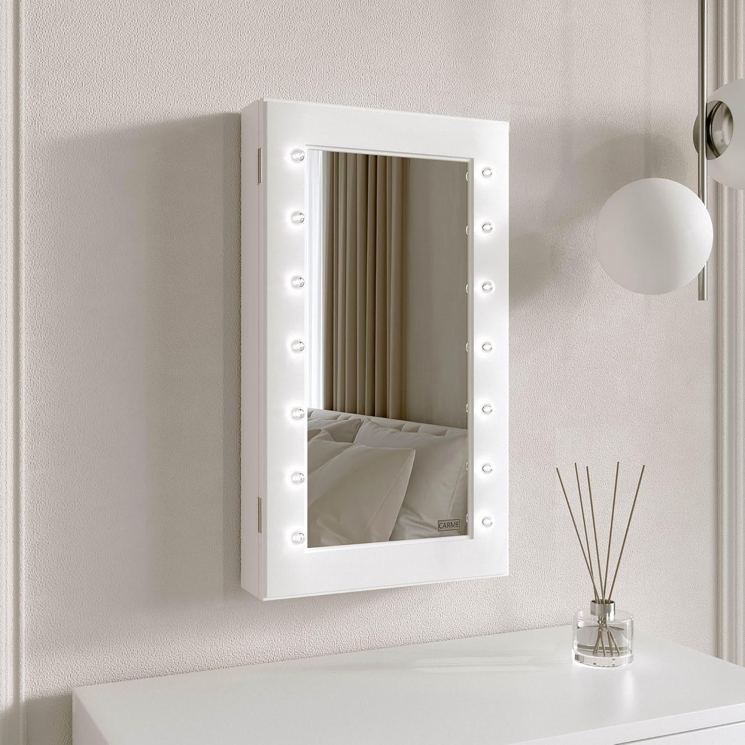 White LED Jewellery Cabinet Mirror Wall Mounted Tabletop Storage