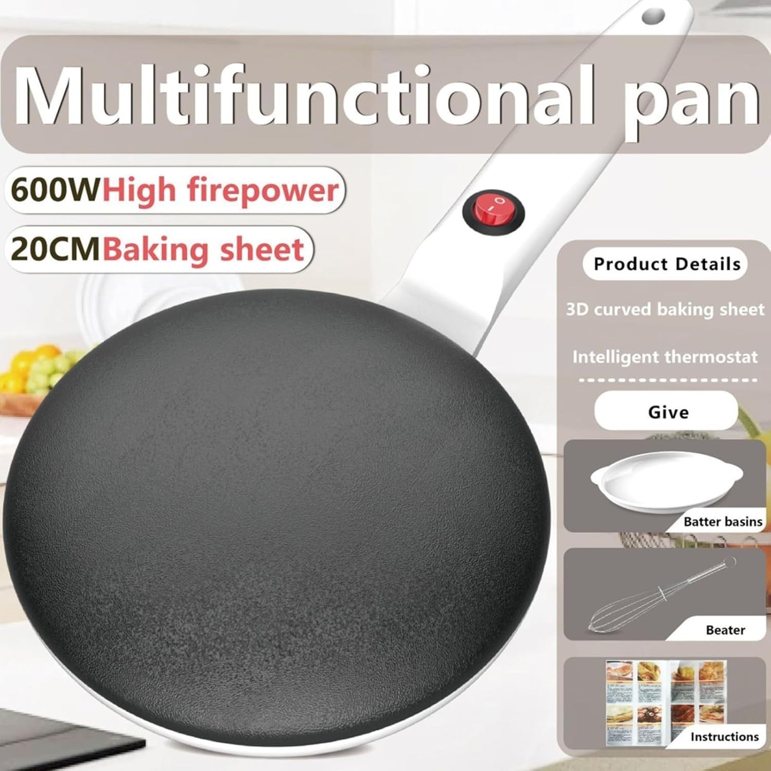 8" Electric Crepe Maker Non Stick Pancake Maker with Handle & Tray White
