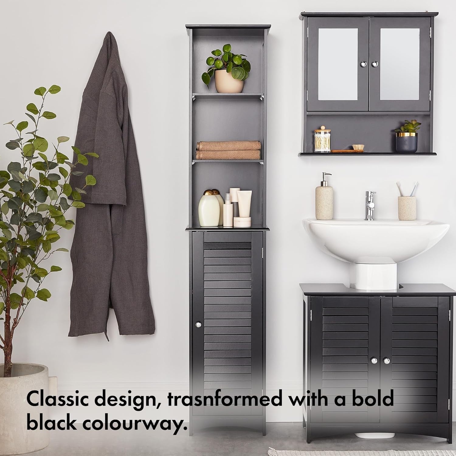 Slim Tall Bathroom Storage Cabinet with Door & 6 Shelves – Black Unit
